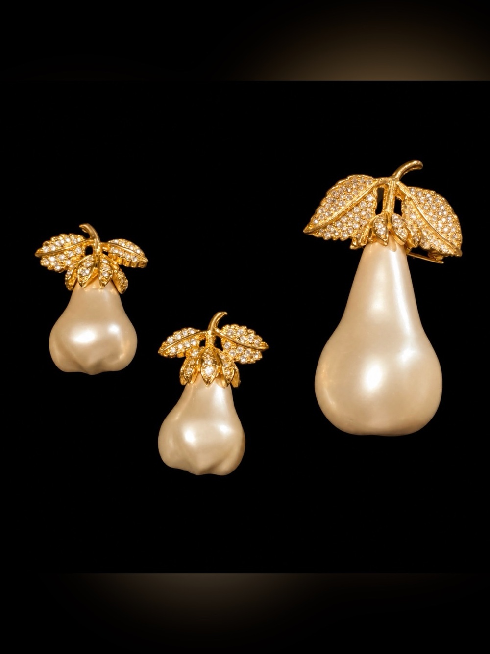 Kenneth Jay Lane KJL Large Pearl Pear Crystals Leaf Gold Clip Earrings & Brooch - Picture 10 of 11